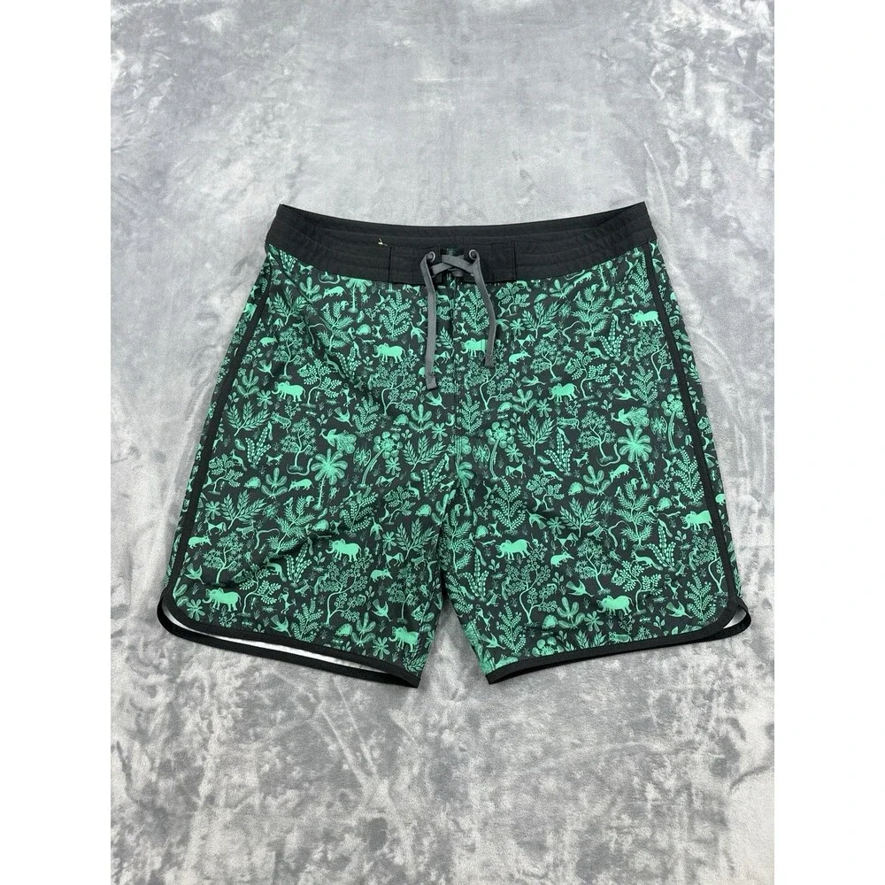 PRANA Roots Studio Board Shorts Mens Size 35 Black Green Beach Swim Surf